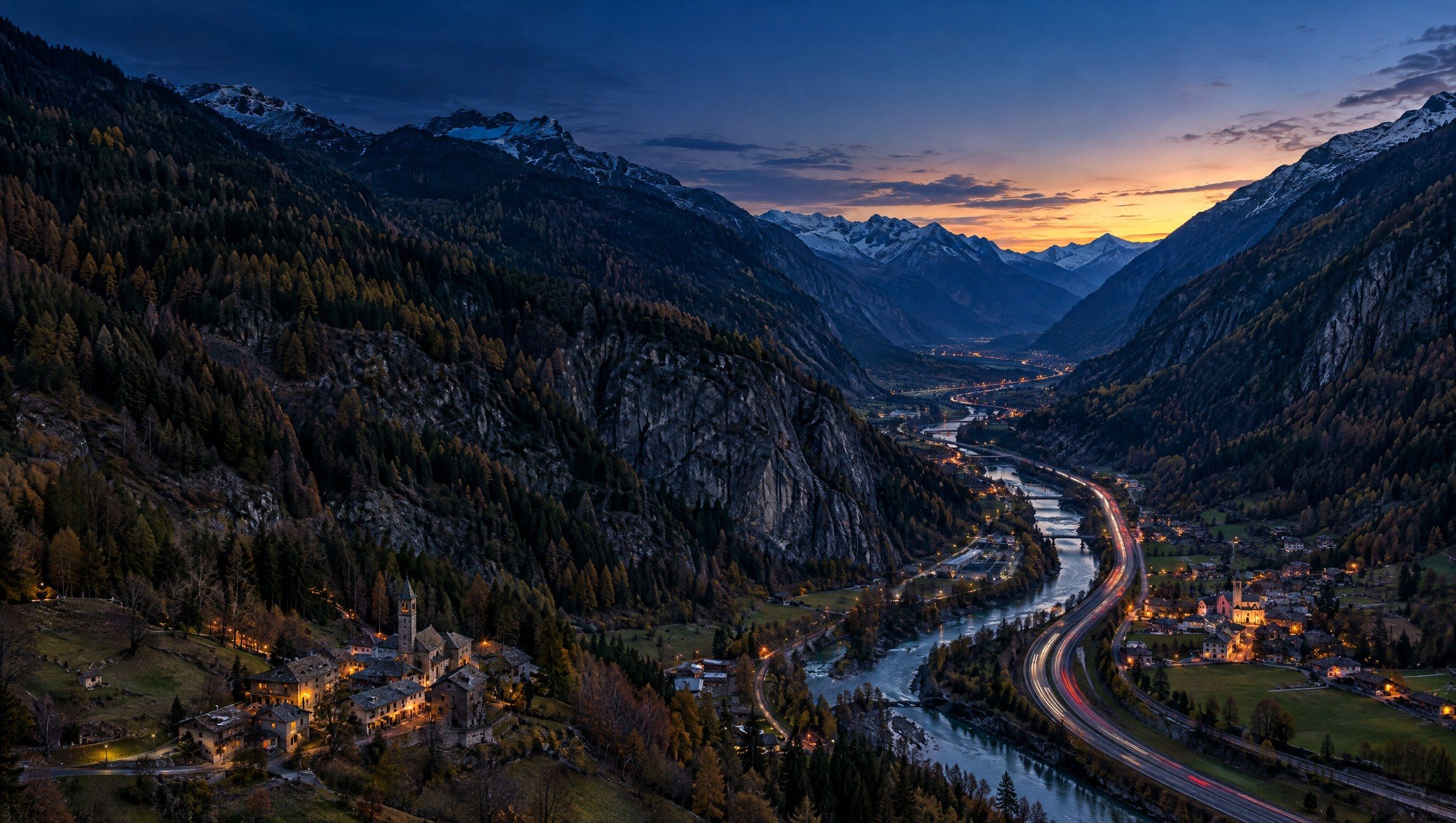 Valle alpina al crepuscolo vista dal drone