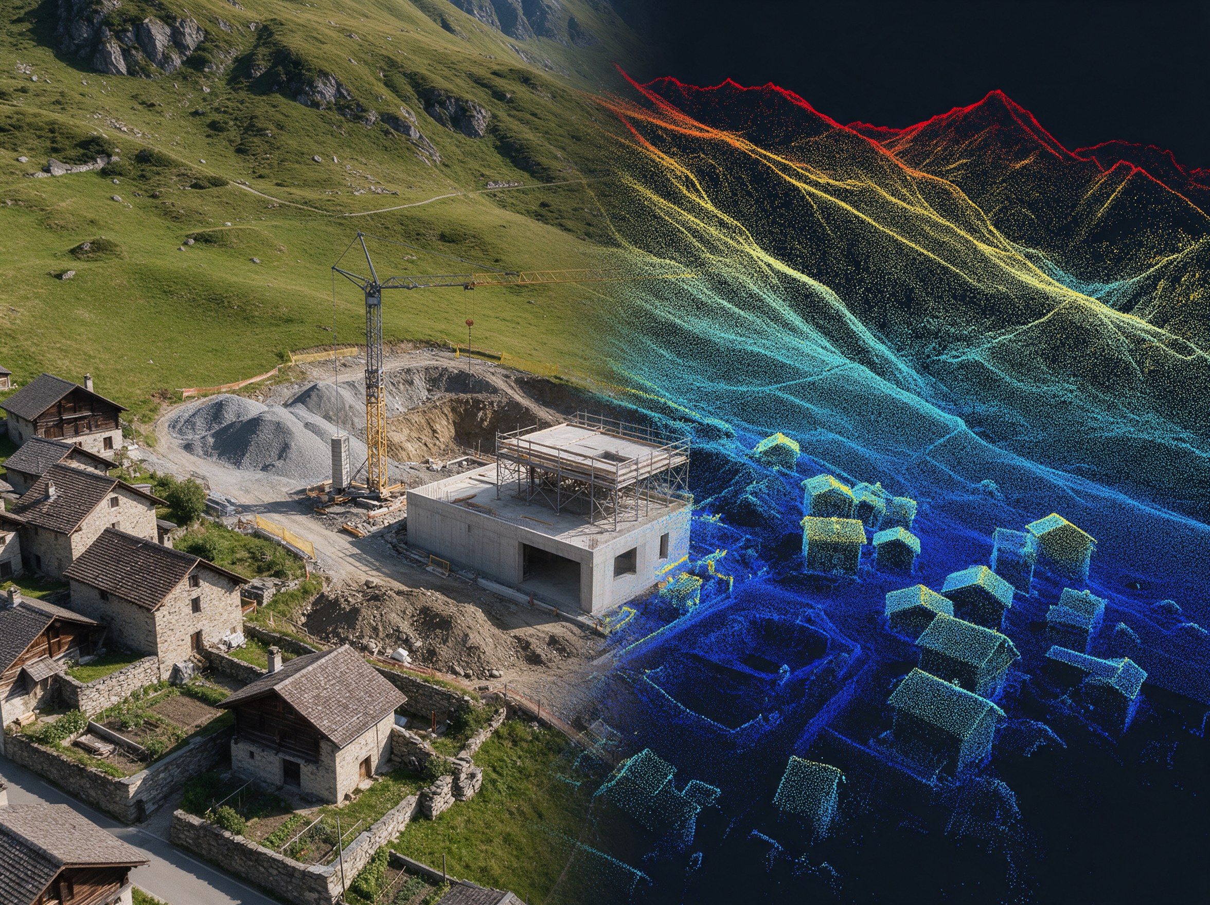 Cantiere alpino rappresentato come fotografia e come nuvola di punti LiDAR